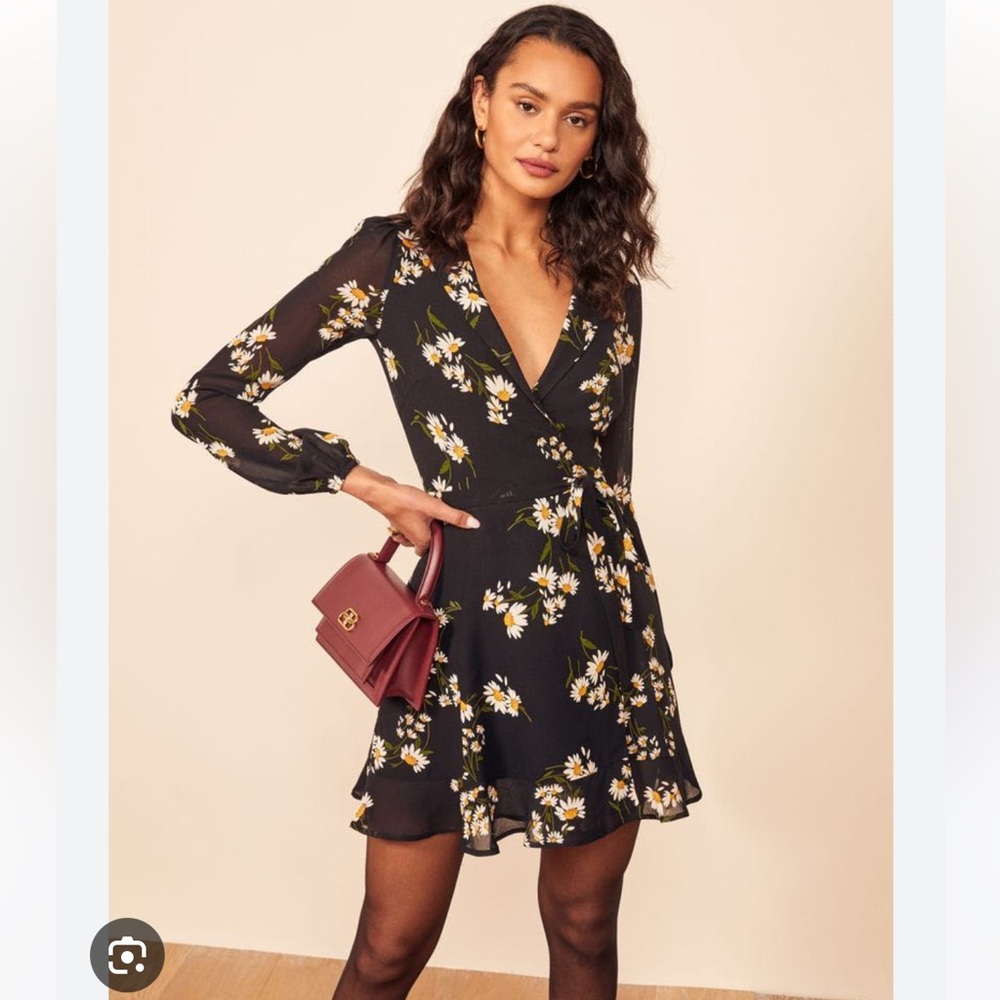 Reformation Black Floral Mini Dress with White & Yellow Daisies